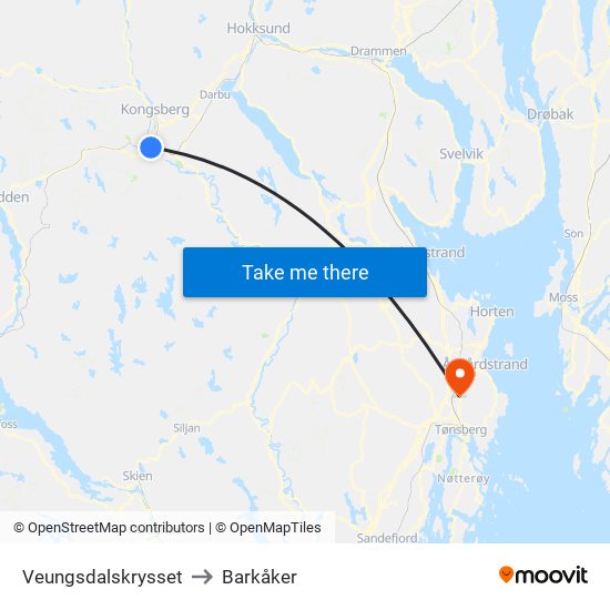 Veungsdalskrysset to Barkåker map