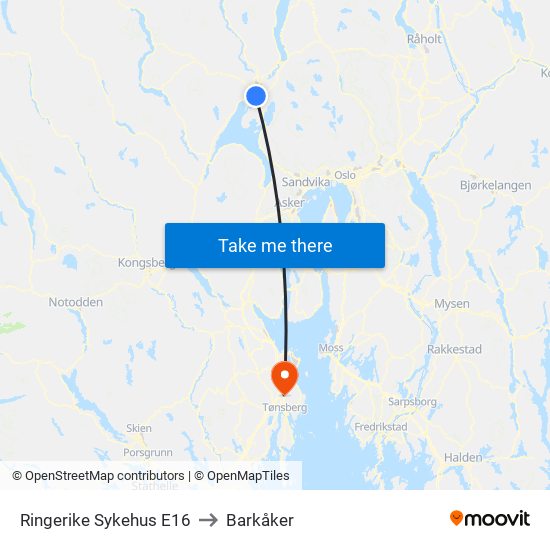 Ringerike Sykehus E16 to Barkåker map