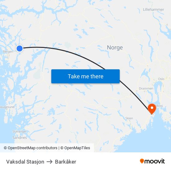Vaksdal Stasjon to Barkåker map