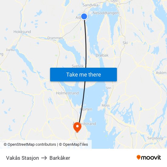 Vakås Stasjon to Barkåker map