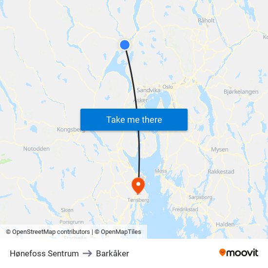 Hønefoss Sentrum to Barkåker map