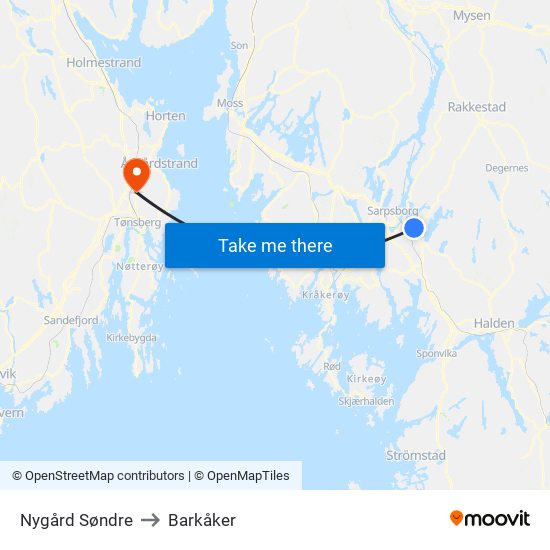 Nygård Søndre to Barkåker map