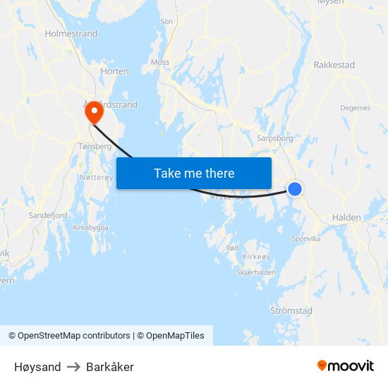 Høysand to Barkåker map