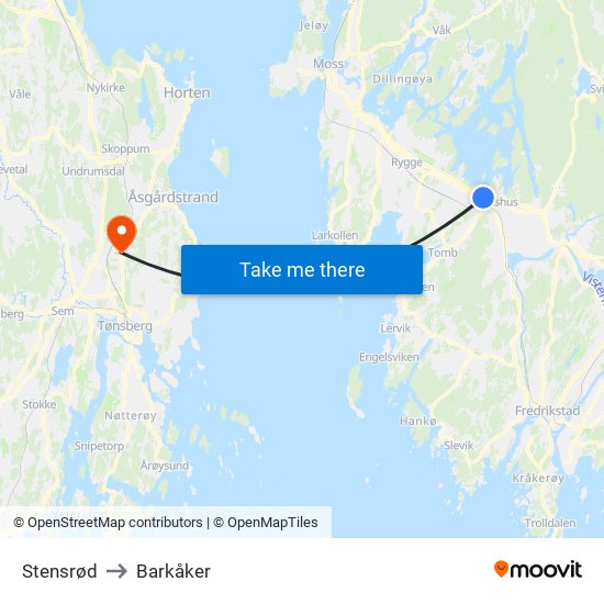 Stensrød to Barkåker map