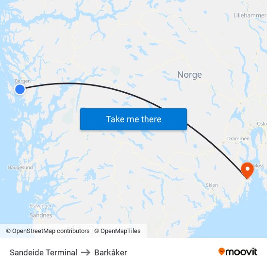 Sandeide Terminal to Barkåker map