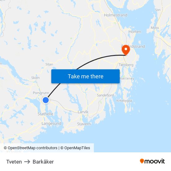 Tveten to Barkåker map