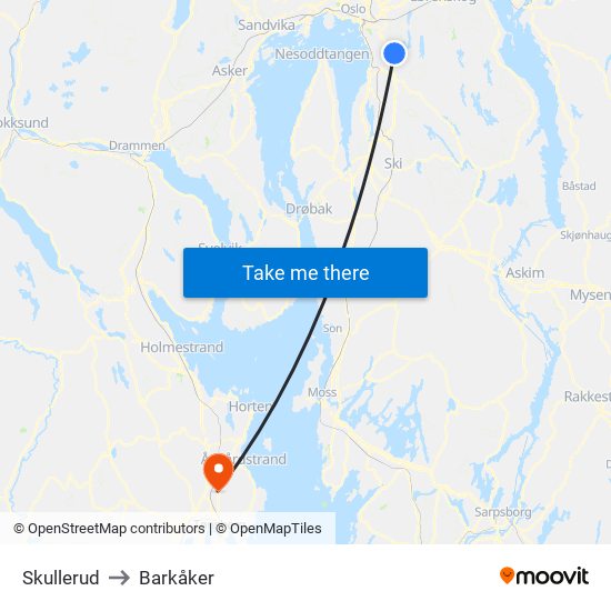 Skullerud to Barkåker map