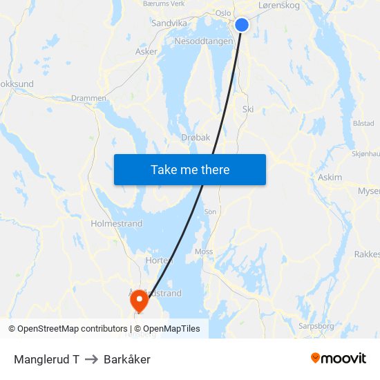 Manglerud T to Barkåker map