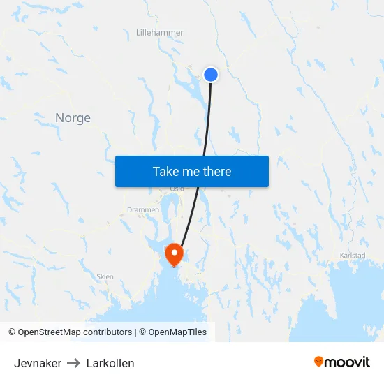 Jevnaker to Larkollen map