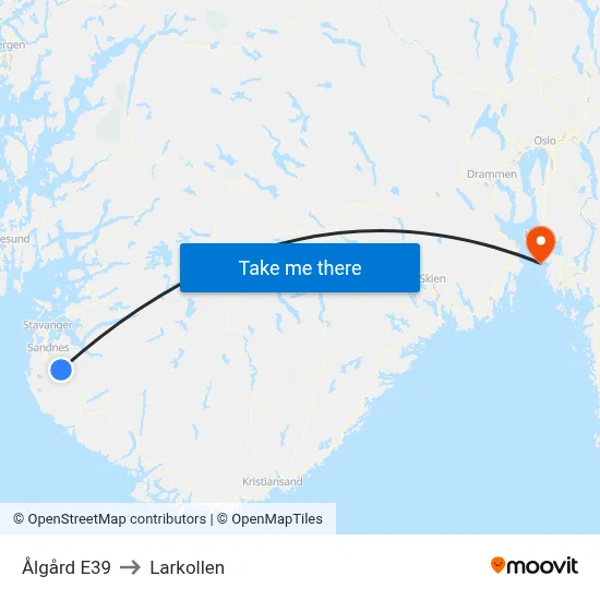 Ålgård E39 to Larkollen map