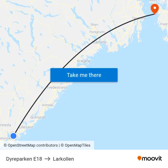 Dyreparken E18 to Larkollen map