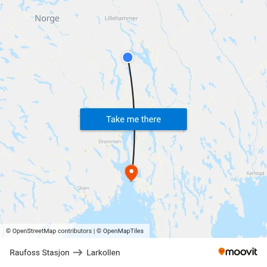Raufoss Stasjon to Larkollen map