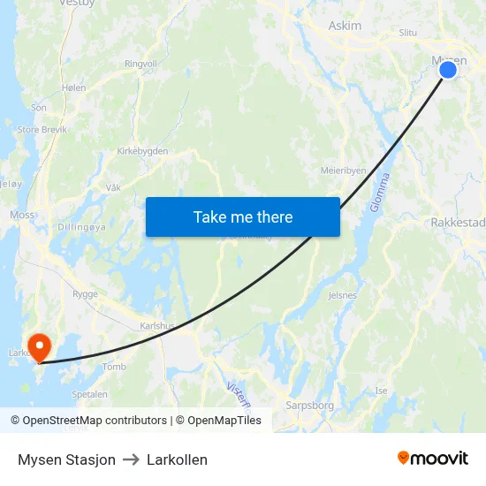 Mysen Stasjon to Larkollen map