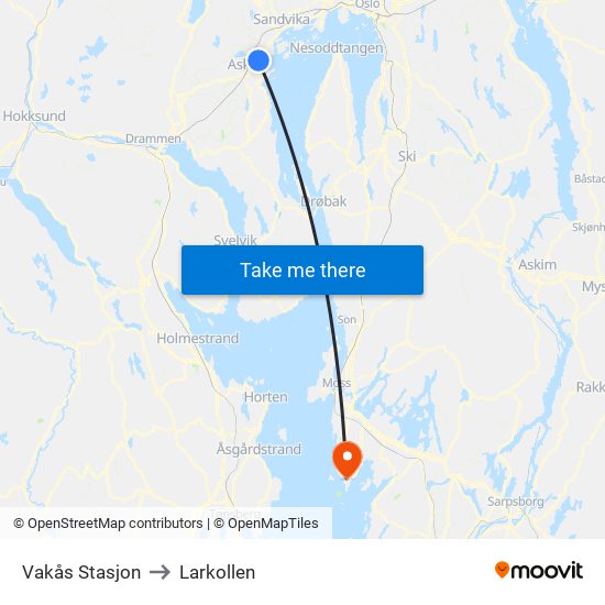 Vakås Stasjon to Larkollen map