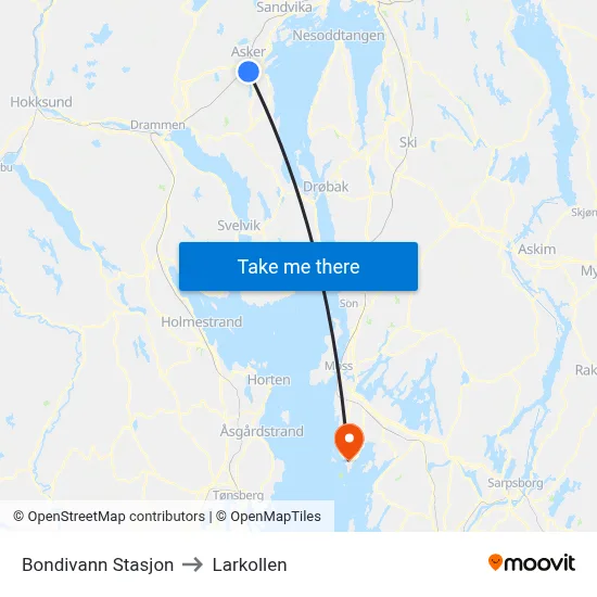 Bondivann Stasjon to Larkollen map