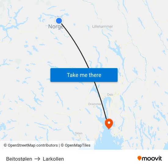 Beitostølen to Larkollen map