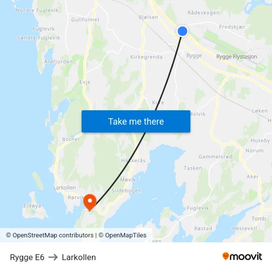 Rygge E6 to Larkollen map