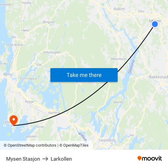 Mysen Stasjon to Larkollen map