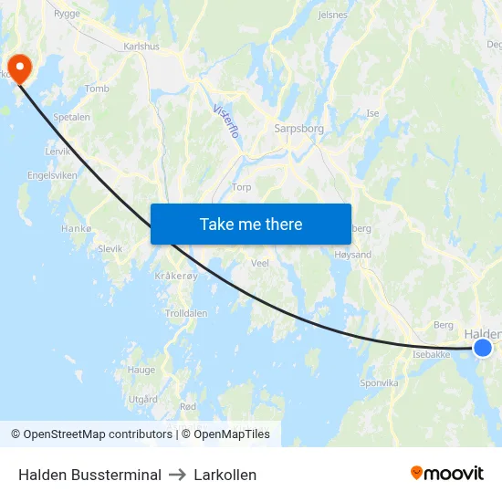 Halden Bussterminal to Larkollen map
