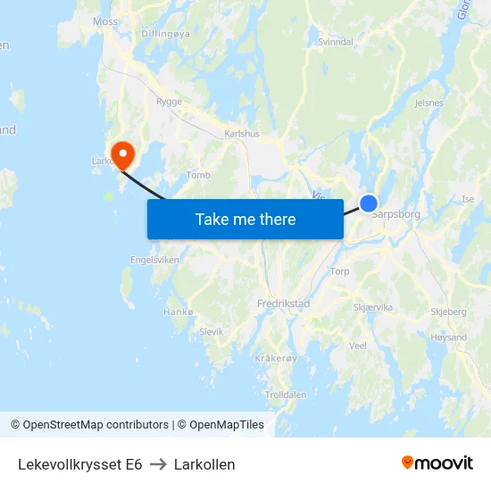 Lekevollkrysset E6 to Larkollen map