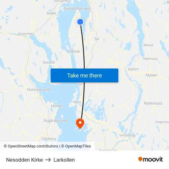 Nesodden Kirke to Larkollen map
