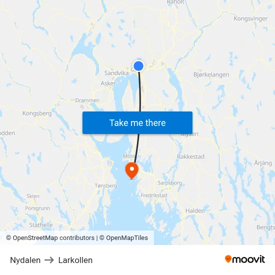 Nydalen to Larkollen map