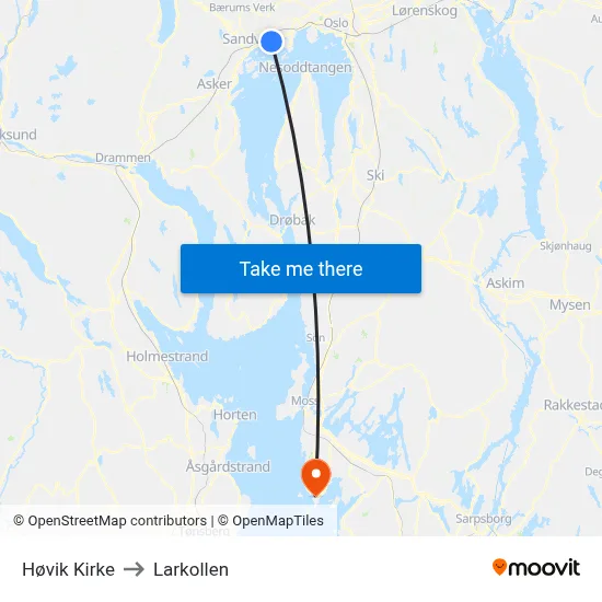 Høvik Kirke to Larkollen map