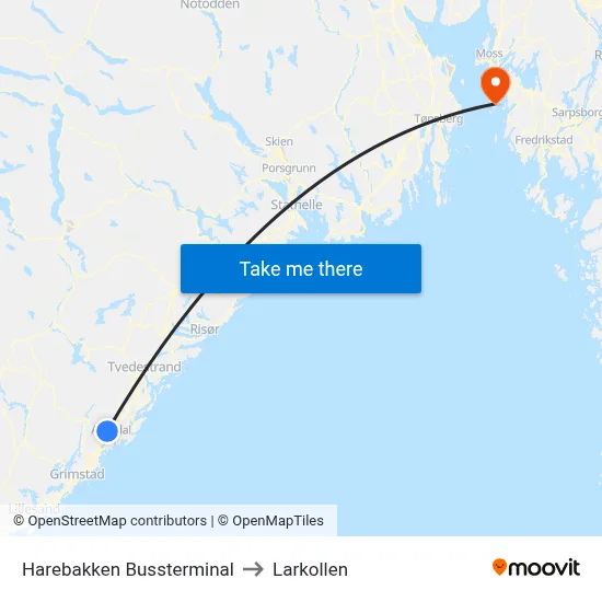 Harebakken Bussterminal to Larkollen map