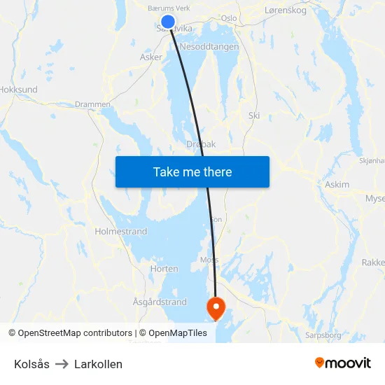Kolsås to Larkollen map
