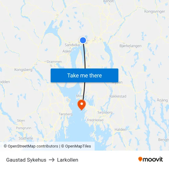 Gaustad Sykehus to Larkollen map