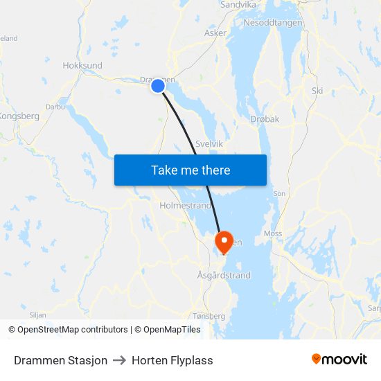 Drammen Stasjon to Horten Flyplass map