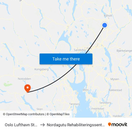 Oslo Lufthavn Stasjon to Nordagutu Rehabiliteringssenter, STHF map