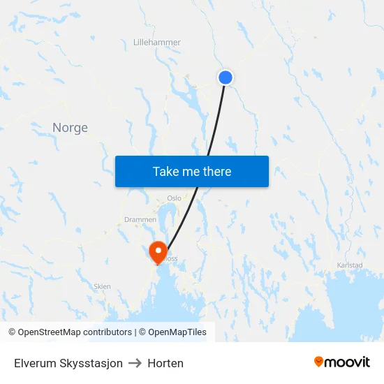 Elverum Skysstasjon to Horten map