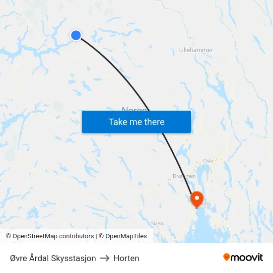 Øvre Årdal Skysstasjon to Horten map