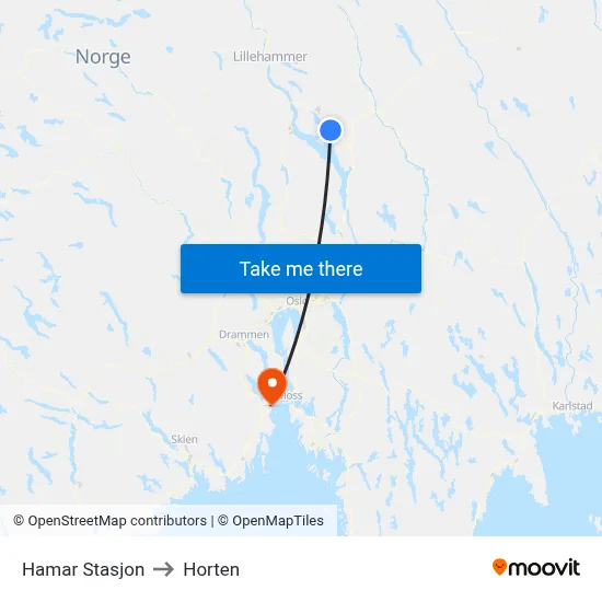 Hamar Stasjon to Horten map