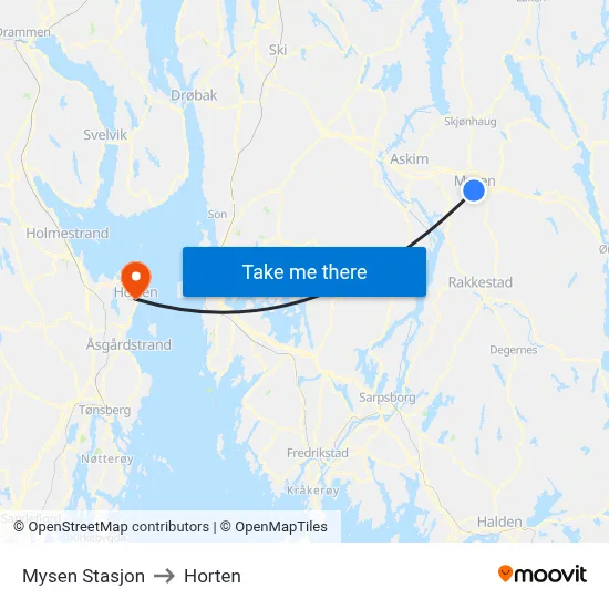 Mysen Stasjon to Horten map