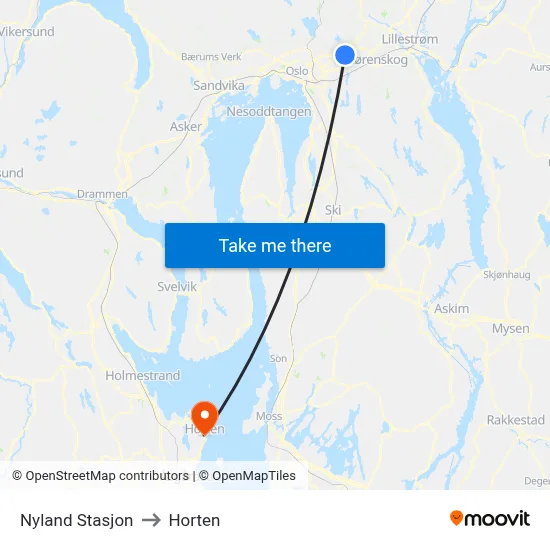Nyland Stasjon to Horten map