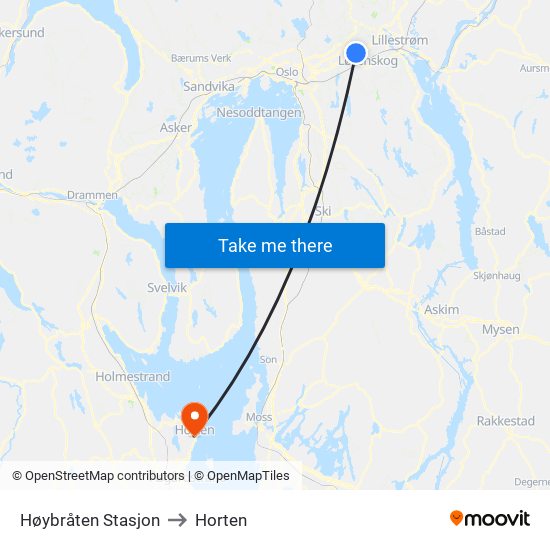 Høybråten Stasjon to Horten map