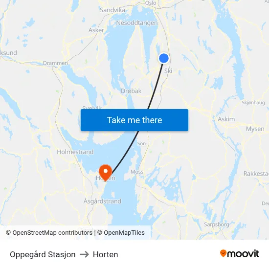 Oppegård Stasjon to Horten map