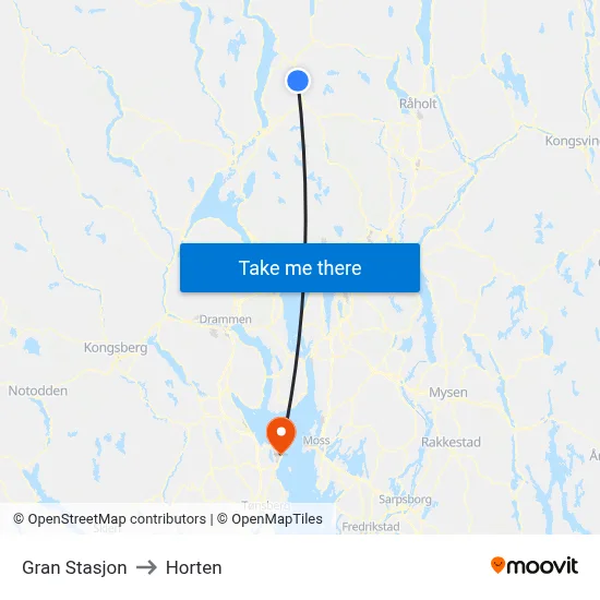 Gran Stasjon to Horten map