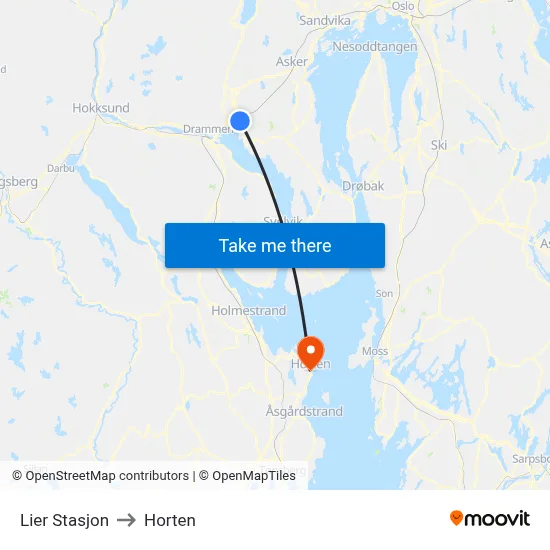 Lier Stasjon to Horten map