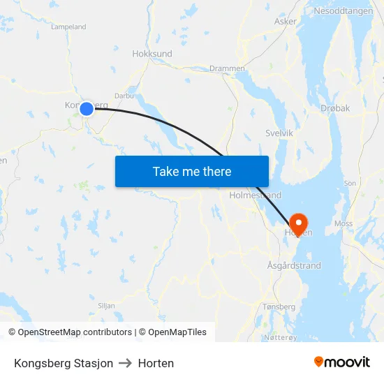 Kongsberg Stasjon to Horten map