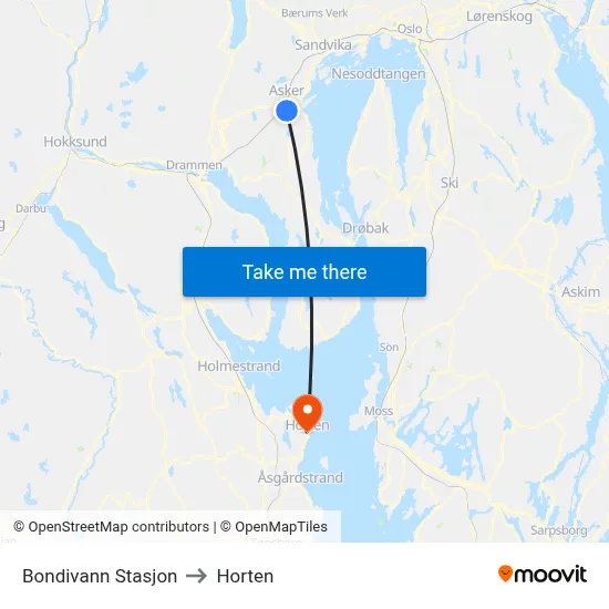 Bondivann Stasjon to Horten map