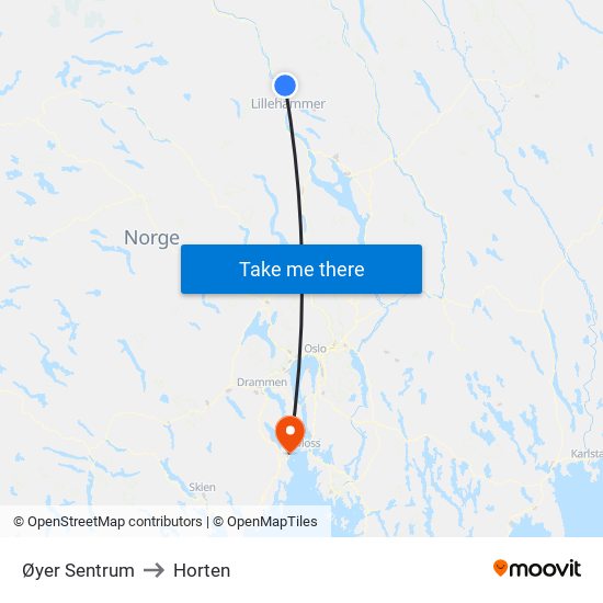 Øyer Sentrum to Horten map