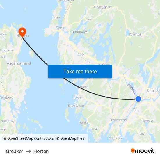 Greåker to Horten map