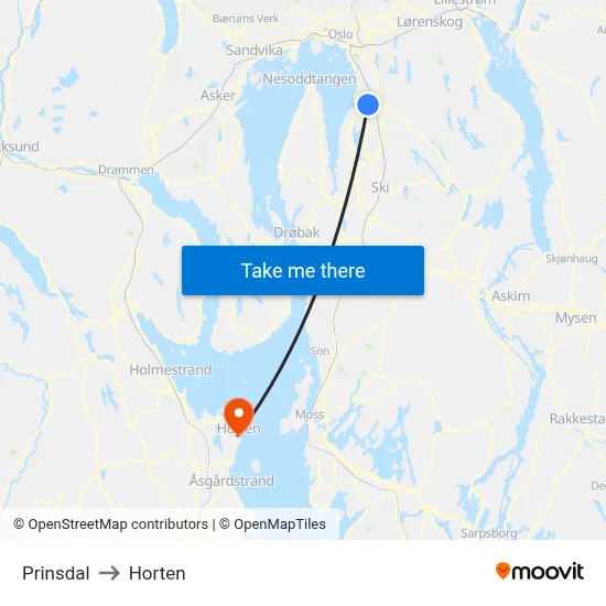 Prinsdal to Horten map