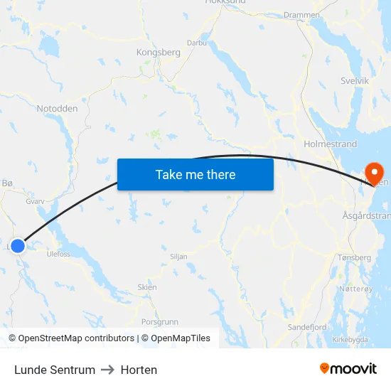 Lunde Sentrum to Horten map