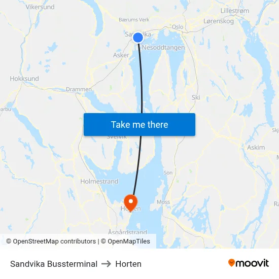Sandvika Bussterminal to Horten map