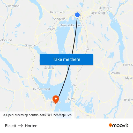 Bislett to Horten map