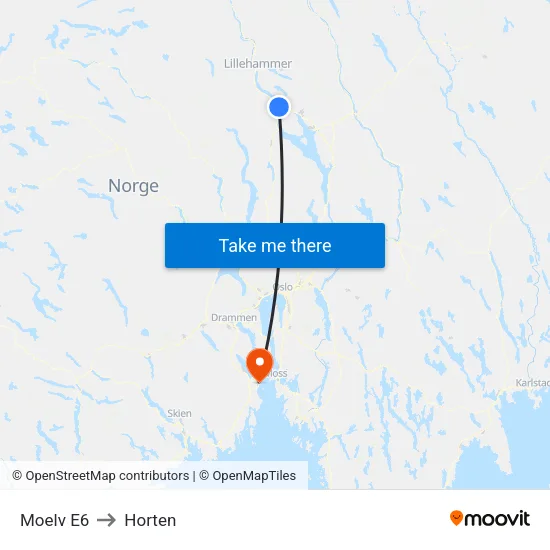 Moelv E6 to Horten map